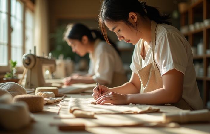明るい工房で作業する職人と天然素材の生地(花織のワークショップ風景)