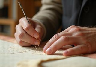 熟練の職人が手縫いする様子